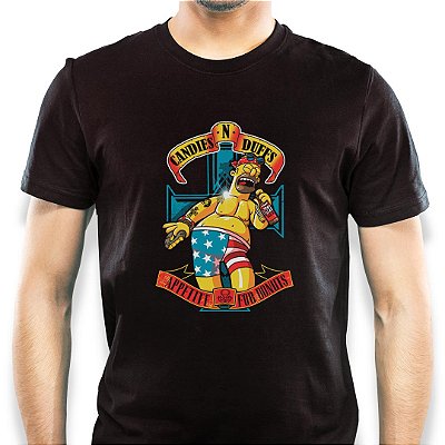 Camiseta rock Homer Simpsons Appetite for Donuts tamanho adulto com mangas curtas na cor Preta Premium