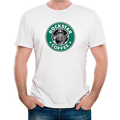 Camiseta rock premium Rockstar Coffee tamanho adulto com mangas curtas na cor branca