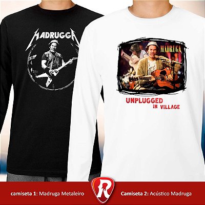 Kit 2 Camisetas de mangas longas Madruga Metaleiro Preta e Acústico Madruga Branca Masculina Branca