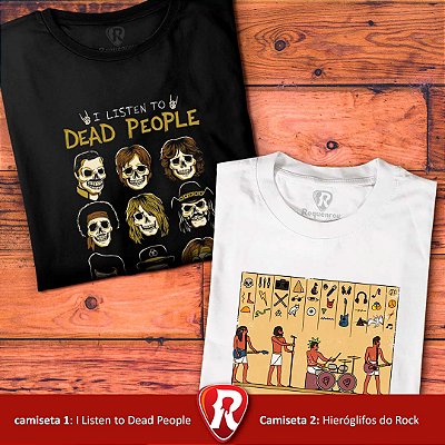 Kit 2 Camisetas premium I Listen to Dead People Masculina Preta e Hieróglifos do Rock Masculina Branca
