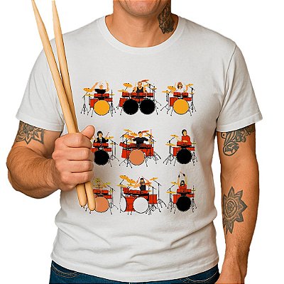 Camiseta Bateristas do Rock tamanho adulto com mangas curtas na cor Branca Premium
