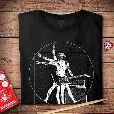 Oferta Relâmpago - Camiseta GG Masculina Guitarrista Vitruviano Preta tamanho adulto com mangas curtas na cor preta Premium