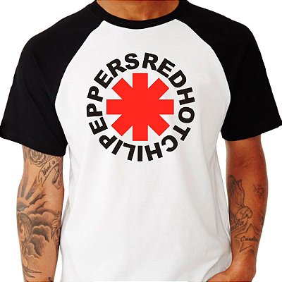 Camiseta rock Red Hot Chili Peppers raglan logo masculina tamanho adulto branca com mangas pretas