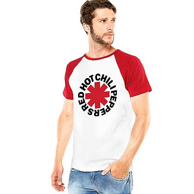 Camiseta rock Red Hot Chili Peppers raglan logo masculina tamanho adulto branca com mangas vermelhas