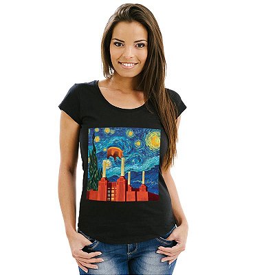 Oferta Relâmpago - Camiseta P Feminina Preta Van Gogh Animals Premium