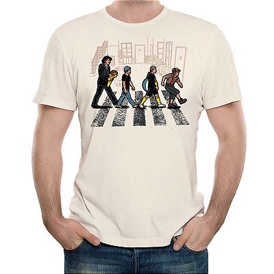 Camiseta Rock Premium Beatles Chaves Abbey Village tamanho adulto com mangas curtas na cor Off White
