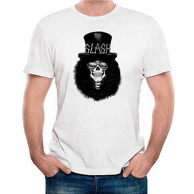 Camiseta Rock Premium Slash Caveira tamanho adulto com mangas curtas na cor branca