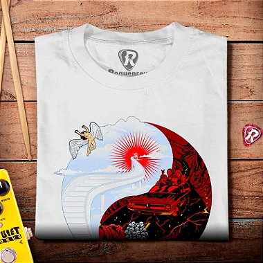 Oferta Relâmpago - Camiseta P Masculina Branca Yin Yang Stairway to Hell Premium
