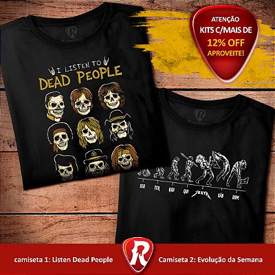 Kit 2 Camisetas premium I Listen to Dead People Masculina Preta e Evolução da Semana Rock Preta