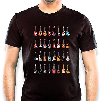 Camiseta Guitarras do Rock tamanho adulto com mangas curtas na cor preta