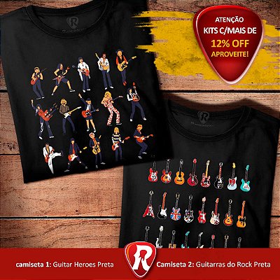 Kit 2 Camisetas Premium Guitar Heroes Masculina Preta e Guitarras do Rock Preta Masculina