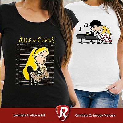 Kit 2 Camisetas Premium Alice in Jail Feminina Preta e Snoopy Mecury feminina branca