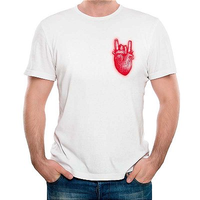 Camiseta Coração de Roqueiro tamanho adulto com mangas curtas na cor branca Premium