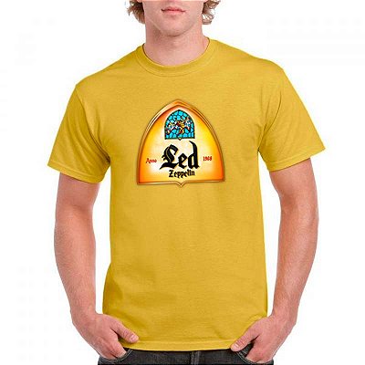 Camiseta Led Zeppelin Cerveja Leffe para adulto com mangas curtas na cor mostarda