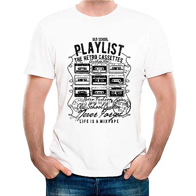 Camiseta Old School Playlist tamanho adulto com mangas curtas na cor branca Premium