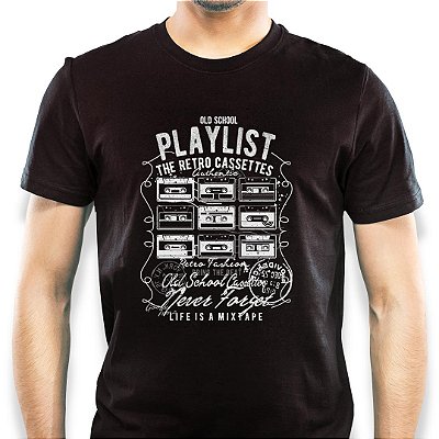 Camiseta Old School Playlist tamanho adulto com mangas curtas na cor Preta Premium