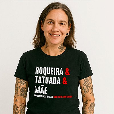 Oferta Relâmpago - Camiseta GG feminina premium preta Roqueira & Tatuada & Mae