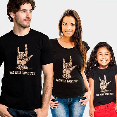 Kit camisetas masculina, feminina e infantil unissex pretas de mangas curtas We Will Rock You