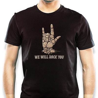Camiseta We Will Rock You tamanho adulto com mangas curtas na cor preta Premium