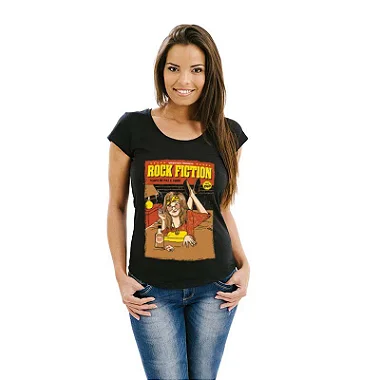 Oferta Relâmpago - Camiseta P Feminina Preta Rock Fiction Premium