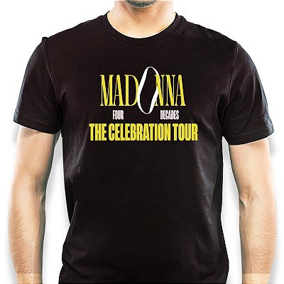 Camiseta Madonna Celebration Tour Logo Amarela tamanho adulto com mangas curtas na cor preta Premium