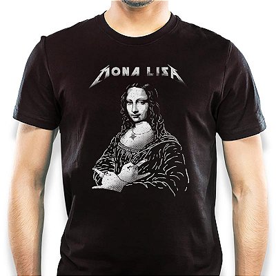 Camiseta Premium Mona Lisa Rock n Roll tamanho adulto com mangas curtas na cor preta