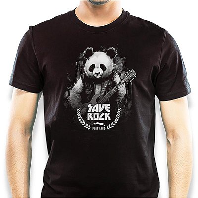 Camiseta Panda Save Rock tamanho adulto com mangas curtas na cor preta
