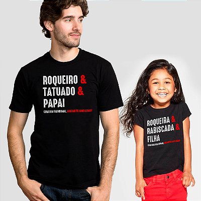 Kit Camisetas Masculina e Infantil Unissex Pretas de mangas curtas Tal pai tal filha Tatuado e Rabiscada