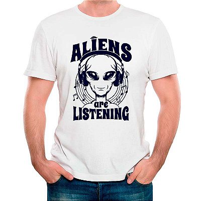 Camiseta Aliens are Listening tamanho adulto com mangas curtas na cor branca premium