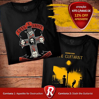 Kit 2 Camisetas pretas masculinas premium Appetite for Destruction e Slash the Guitarist