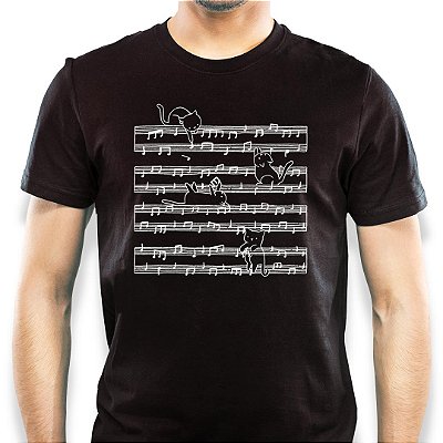 Camiseta Cats and Notes para adulto com mangas curtas na cor Preta
