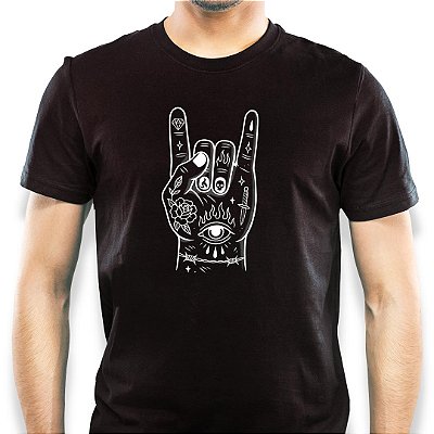 Camiseta Mão do Rock Tatuada para adulto com mangas curtas na cor Preta