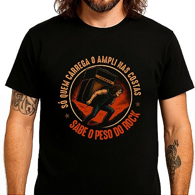 Camiseta Só que carrega o ampli nas costas sabe o peso do rock tamanho adulto com mangas curtas na cor preta