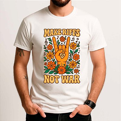 Camiseta Make Riffs Not War tamanho adulto com mangas curtas na cor branca