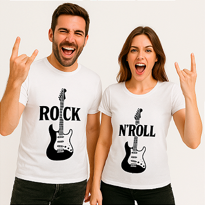 Kit 2 Camisetas Premium brancas com a plavra Rock Masculina e N Roll Feminina nas Guitarras