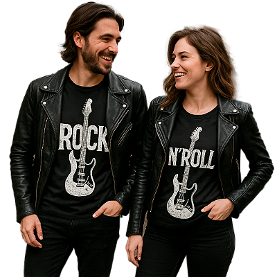 Kit 2 Camisetas Premium pretas com a plavra Rock Masculina e N Roll Feminina nas Guitarras