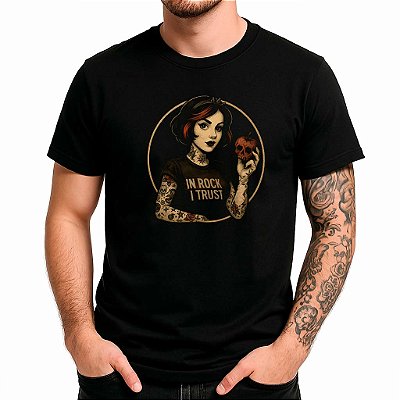 Camiseta Branca de Neve In rock i trust tamanho adulto com mangas curtas na cor preta