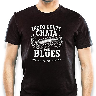 Camiseta Troco gente chata por Blues tamanho adulto com mangas curtas na cor preta