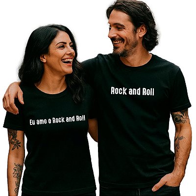 Kit 2 Camisetas Premium pretas feminina e masculina Eu Amo o Rock and Roll
