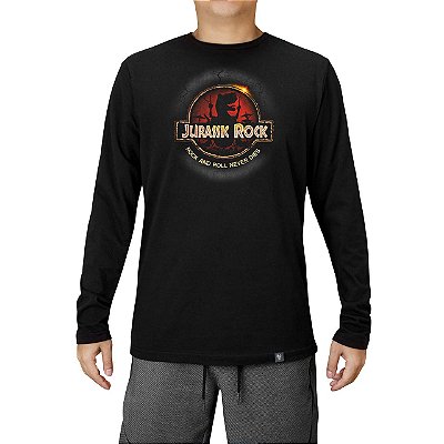 Camiseta Jurassic Rock tamanho adulto com mangas longas na cor preta masculina