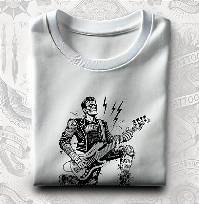 Camiseta Baixista Frankenstein na cor branca tamanho adulto Premium