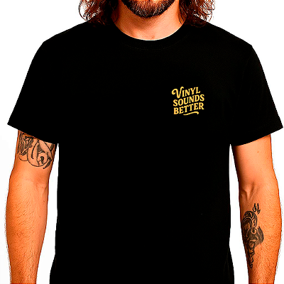 Camiseta Vinily Sounds Better para adulto com mangas curtas na cor Preta com Impressão frente e costas premium
