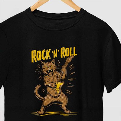 Camiseta Rock and Roll Cat para adulto com mangas curtas na cor Preta premium
