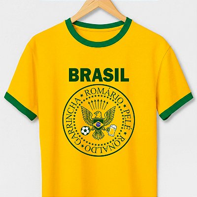 Camiseta Brasil Punk Rock com gola e punhos verdes com mangas curtas premium