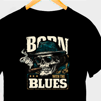Camiseta Born With the Blues tamanho adulto com mangas curtas na cor Preta Premium