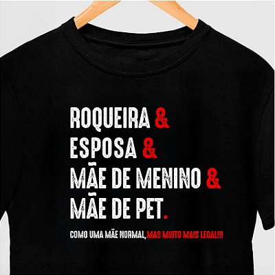 Camiseta Roqueira & Esposa & Mãe de Menino & Mãe de Pet tamanho adulto com mangas curtas na cor Preta Premium