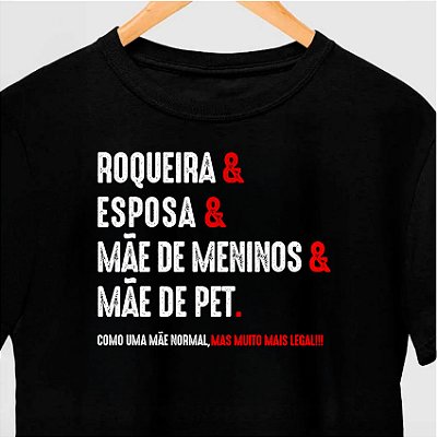 Camiseta Roqueira & Esposa & Mãe de Meninos & Mãe de Pet tamanho adulto com mangas curtas na cor Preta Premium