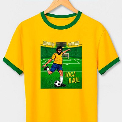 Camiseta Toca Raul Brasil com gola e punhos verdes com mangas curtas premium