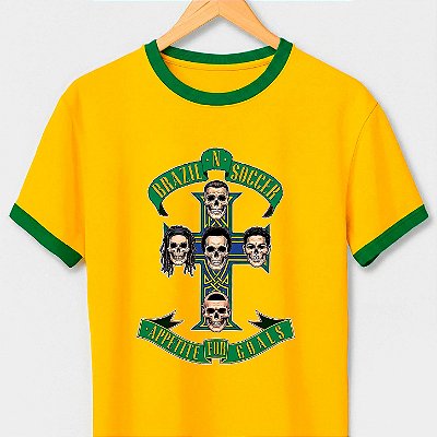 Camiseta Brasil Appetite for Goals com gola e punhos verdes com mangas curtas premium