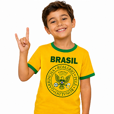 Camiseta Brasil Punk Rock Unissex Infantil Amarela com gola e punhos verdes